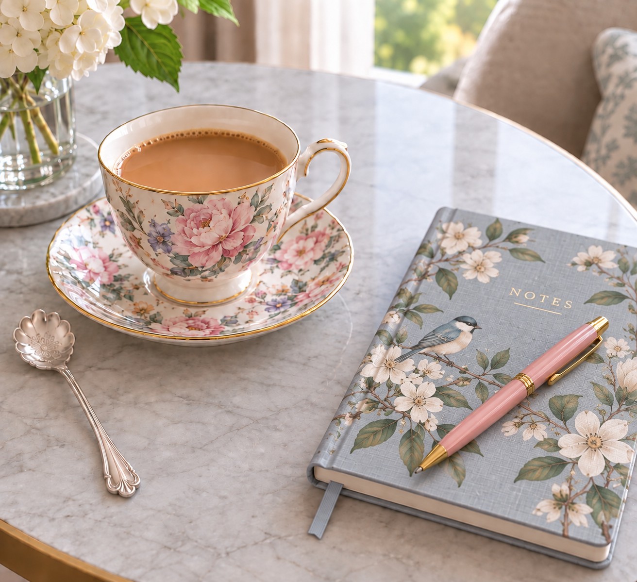 The Pause & Pour Kit — a vintage teacup and saucer, a floral notebook with pen, and a flower-topped spoon
